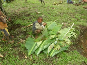 While the adults were preparing the mumu, some of the kids were making their own treats.  They used ferns to wipe up the pig blood and then they stuffed the ferns into pieces of bamboo which they then roasted over the fire.  