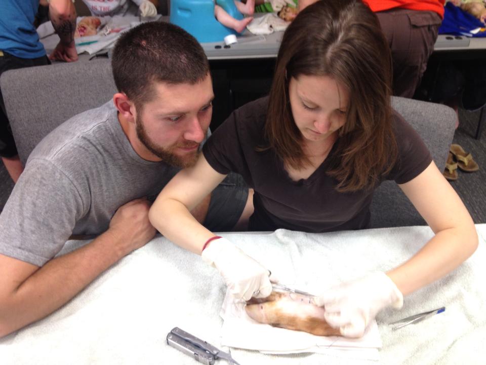 Learning to suture on a pig foot and desperatly hoping I never have to do this on a person!!