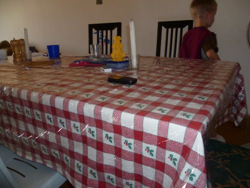 A Table cloth we bought and a Johnson Tree candle Tori brought