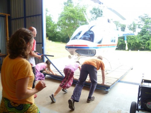 We flew into their village on a in a helicopter