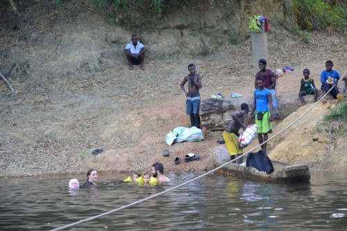 When they finally made it, the team was swimming on the other side of the river while waiting