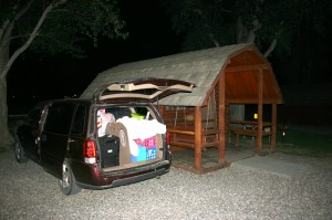 Our minivan in front of the cabin where we'll sleep tonight