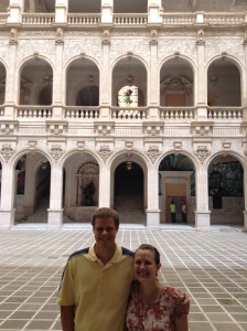 Jordan and Amy in front of the murals in the Chihuahua Governor's Palace