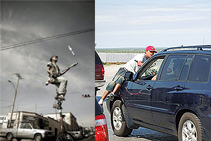 A man juggling bowling pins from on top of a unicycle; a man hops up on the hood of a minivan to wash its windshield