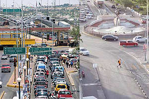 Traffic piles up at the US-Mexico border in Juarez; cars drive around a roundabout in downtown Chihuahua