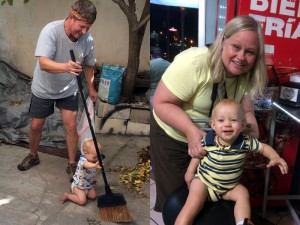 Jordan's dad sweeping up leaves with Joel, and his mom spending quality time with him later