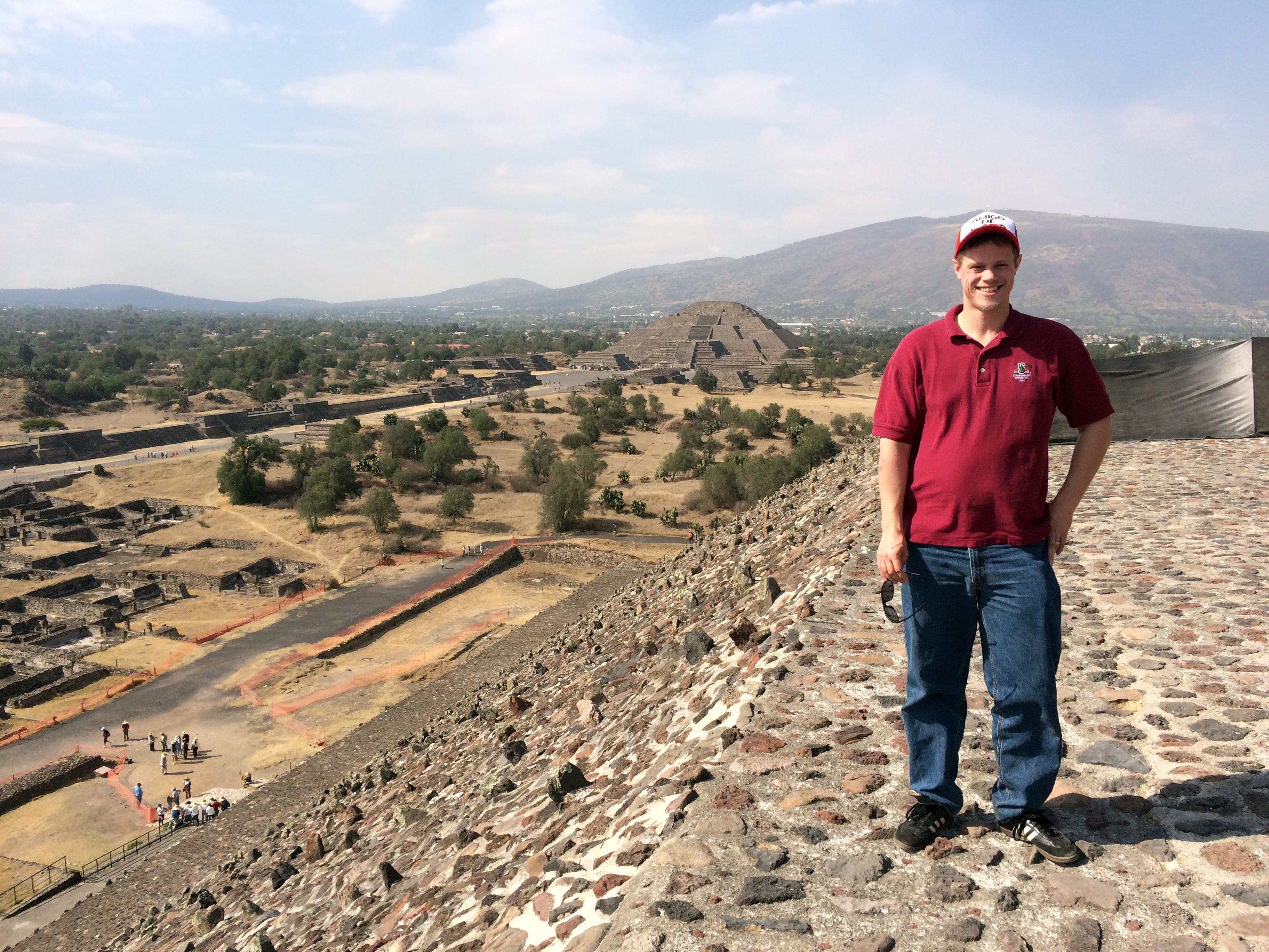 Hanging out in Teotihuacan on the Pyramid of the Sun, with the Pyramid of the Moon in the background