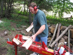 Peter tries out the new firewood splitter