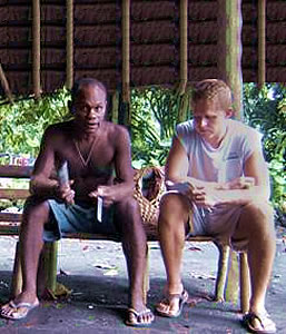 Aaron talking with a friend.