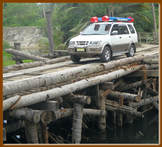 Our vehicle on a temporary coconut log bridge.